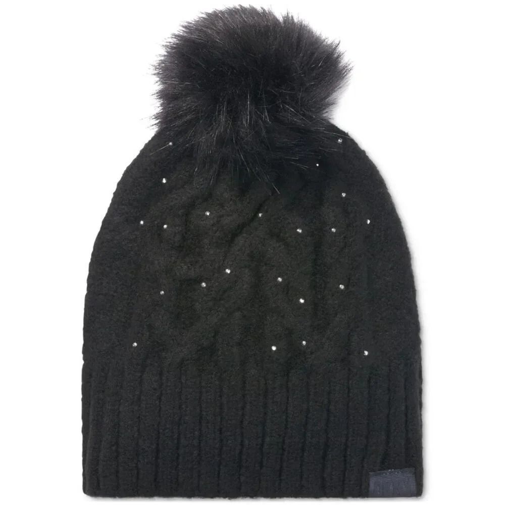 DKNY Women's Studded Cable-Knit Pom Pom Hat, Black, One Size